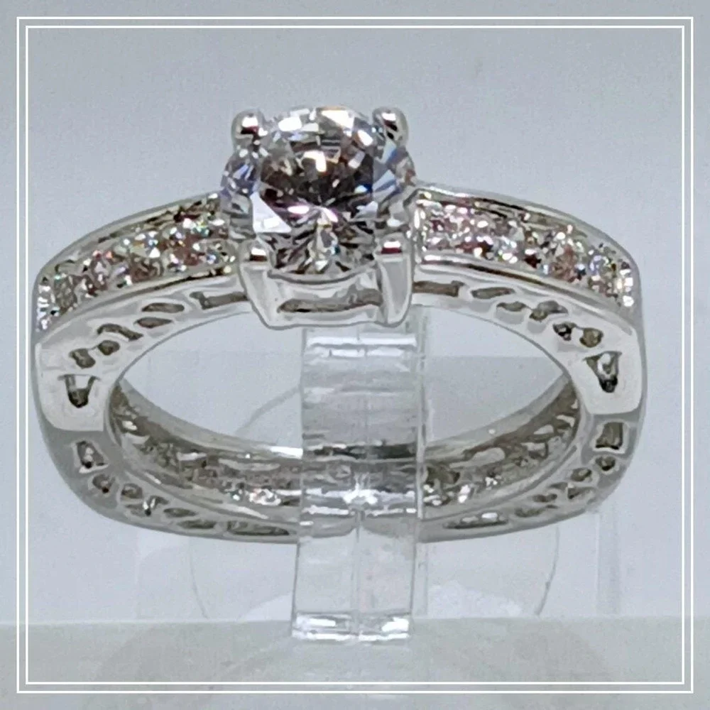 Vintage‎ Silver Tone Round Cut Cubic Zirconia Filigree Engagement Ring Size 10